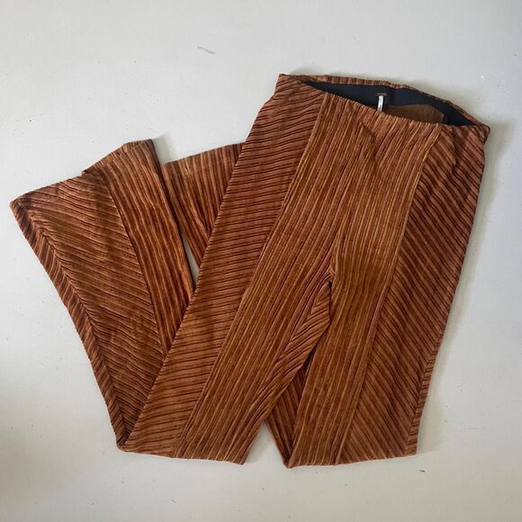 Free People High Waisted Slim Pull-On Velvet Flare Pants Orange Gold Small - Picture 8 of 11